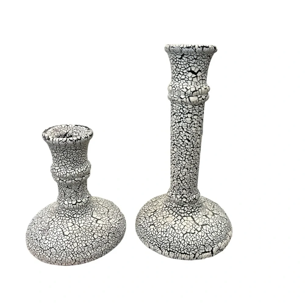 ROYAL HAEGER-BLACK & IVORY CRACKLE FINISH‎ COLUMN CANDLE HOLDERS SET OF 2